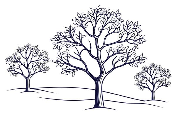 Three dark blue line art trees on white background