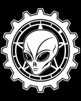 White alien head in gear and star emblem extraterrestrial vector