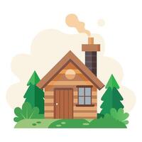 Cozy Log Cabin in the Woods with Smoke Coming from Chimney vector