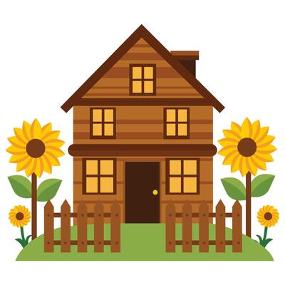 Cartoon Wooden House with Sunflowers and Fence on Green Lawn