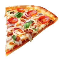 Delicious pizza slice with melted cheese and assorted vegetable toppings png