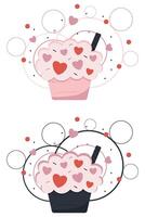 Cute Heart Cupcakes Set with Sweet Toppings for Valentine Day. Romantic Desserts with Hearts vector