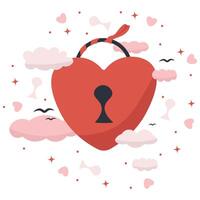Romantic Heart Padlock Floating Among Clouds. Sweet Love Lock Symbol for Valentine's Day vector