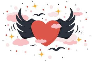 Dark Winged Heart Amidst Clouds and Flying Birds. Romantic Love Symbol with Fantasy Elements vector