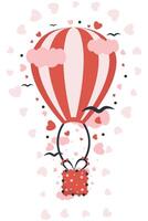 Romantic Hot Air Balloon Carry Gift Box Amidst Hearts and Clouds. Sky Delivery with Present Box vector