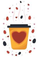 Steaming Coffee Cup with Hearts and Floating Beans. Hot Mug for Valentine's Day and Love vector