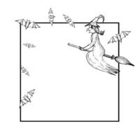 frame with halloween witch flying on a broom witch hat and bat. Hand painted linear wizard cap illustration. Graphic monochrome sketch isolated on background. For designers, prints, logo, icon vector