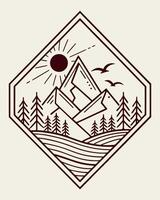 Geometric mountain landscape with sun and birds vector
