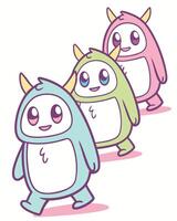 Three cute cartoon monsters walking in a line vector