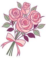 Pink roses bouquet with green leaves and pink ribbon vector