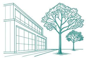 Teal line art building and trees on white background vector