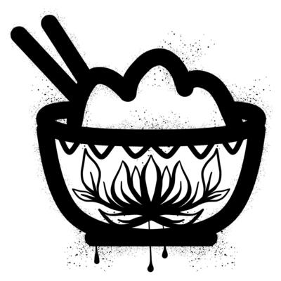 Graffiti rice bowl with floral ornaments drawn with black spray paint