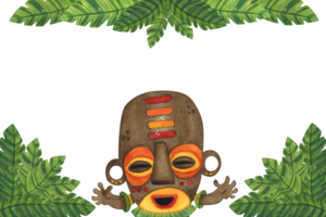 Rectangular frame of palm leaves and a cheerful aborigine. Watercolor illustration, hand drawn, cartoon. Drawing for textile, paper, cards, stickers. Plant, leaf, palm, frame, Africa, person png
