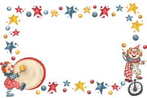 Rectangular frame with circus clowns surrounded by stars and balls png