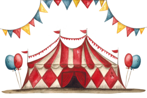 Circus tent, red and white, with balloons and flags png