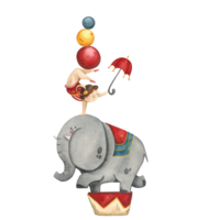 A gymnast with an umbrella in her hand and balls on her feet stands on the back of a circus elephant png