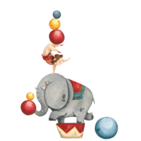 A gymnast with balls on her leg stands on the back of a circus elephant png