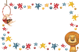 Rectangular frame with a circus lion and a gymnast surrounded by stars and balls png