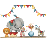 Composition of a circus elephant, zebra, lion, clown, gymnast png