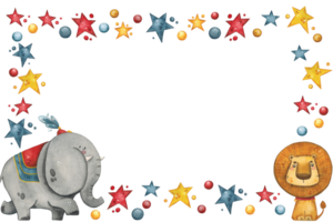 Rectangular frame with a circus lion and elephant surrounded by stars and balls png
