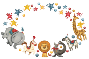 Oval frame with circus animals surrounded by stars and balls png