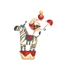 A gymnast with an umbrella in her hand and balls on her feet stands on the back of a circus zebra png