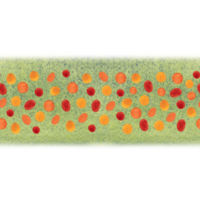 Seamless border with a pattern of red and yellow dots on a green background. Watercolor illustration hand-drawn with brushes, textured. Drawing for background, cards, textile, paper. brush, texture png