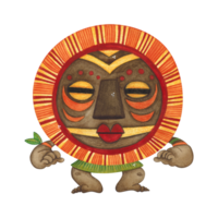 Crouching African aborigine in a brown round mask with orange fringe. Watercolor illustration, hand drawn, cartoon. Drawing for poster, stickers, print. Africa, mask, funny, character png