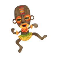 Dancing african aborigine in brown mask with bright pattern yellow armbands and skirt. Watercolor illustration, hand drawn, cartoon. Drawing for poster, stickers, print. Africa, mask, funny, character png