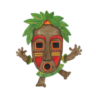 African aborigine with arms outstretched to the sides in a long colorful mask with green leaves. Watercolor illustration hand drawn, cartoon. Drawing for poster, stickers, print. Africa, mask, funny png