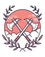 Crossed axes with laurel branches and pink sky battle axe vector