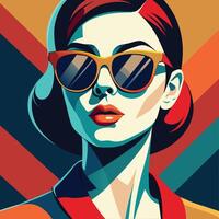 Stylized Portrait of a Retro Woman Wearing Sunglasses in Pop Art Style vector