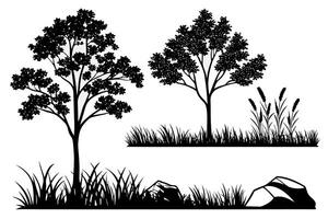 Black silhouette trees grass and rocks landscape elements vector