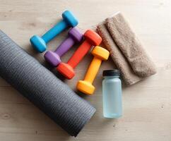 Precise arrangement of colorful dumbbells, towel, mat, and water bottle for a fitness routine in a home gym photo