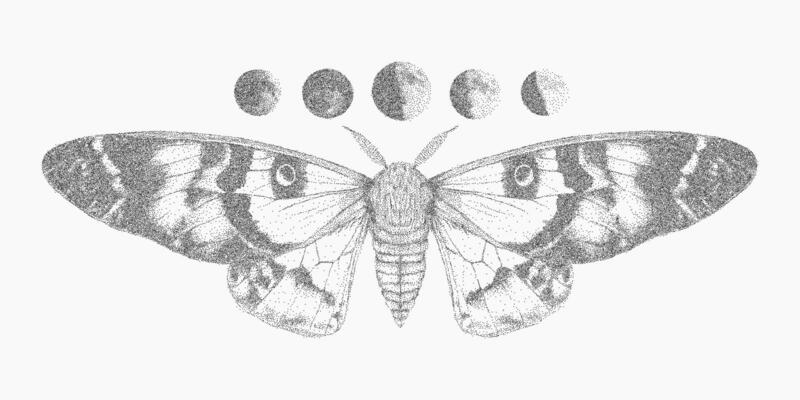 Butterfly and moons, stipple pen sketch, halftone gradients, photocopy noise and threshold effects, magazine cutout style.