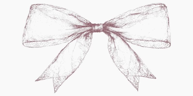 Ribbon with a bow, stipple, halftone dot work, dusty photocopy artifacts and threshold transitions.