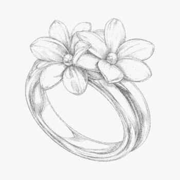 Ring with a flower design on it. Gritty retro halftone stipple sketch with photocopy paper grain and threshold contrast, adding raw graphic energy. vector