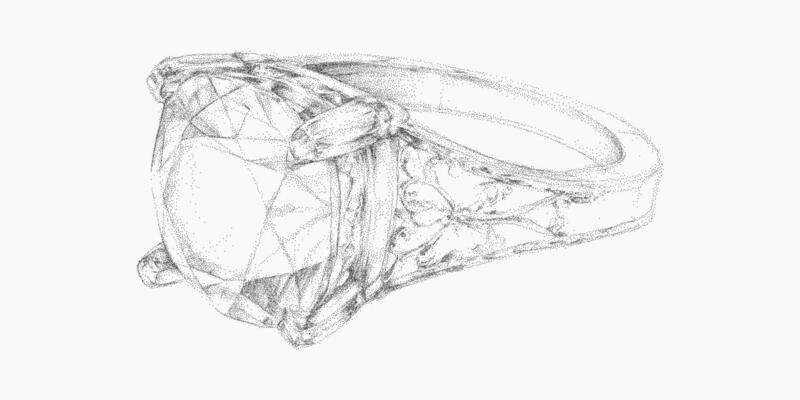Drawing of a diamond ring. Retro stipple effect illustration with noisy halftone dots, photocopy paper, threshold outlines.