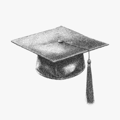 Graduation cap with a tassel. Monochrome stipple sketch with heavy halftone dots, noisy photocopy grain and threshold effect, retro poster look.