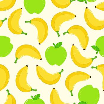 Delightful seamless pattern of bananas and green apples in a playful design. vector
