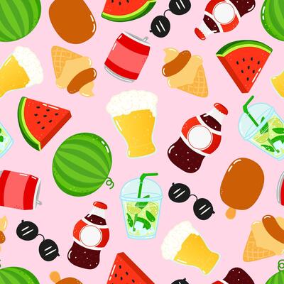 A vibrant seamless summer pattern with refreshing drinks, fruit, and treats.