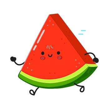 A cheerful watermelon slice cartoon character is running with a happy expression. vector