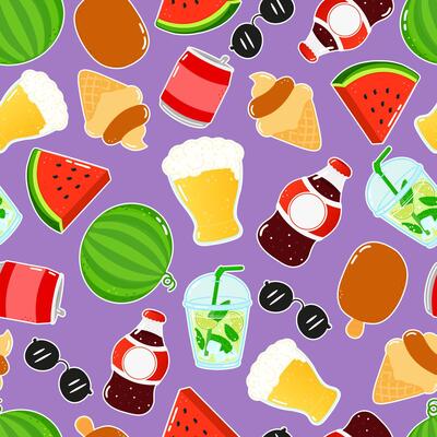 Cheerful summer pattern with watermelon, ice cream, and refreshing drinks