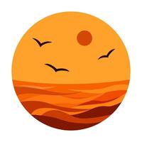 Minimal round icon with sunset over ocean, flying birds and stylized waves in warm orange color palette isolated on white background vector