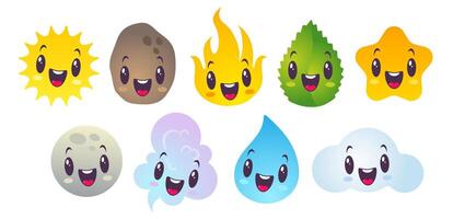 Cartoon weather elements with happy faces vector