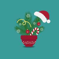 Pine Twigs bouquet Decorated Santa Hat Christmas tree Balls and Snowflakes in Flowers Pot Minimalist. Isolated illustration Christmas or New Year Themes Cards Party Invites or banner, leaflets vector
