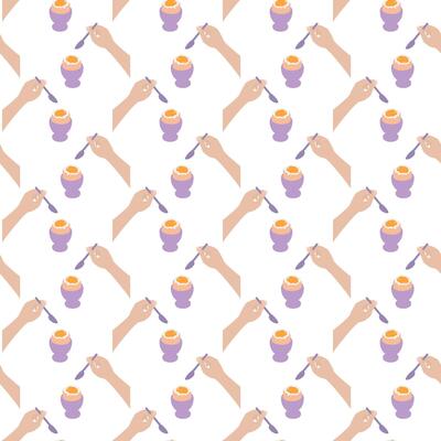 Women Hand with spoon and Soft Boiled Egg Seamless Pattern Healthy Eating or Breakfast Backdrop idea. Isolated illustration Food Poster or Menu Card Background Banner, leaflet, label, price tag
