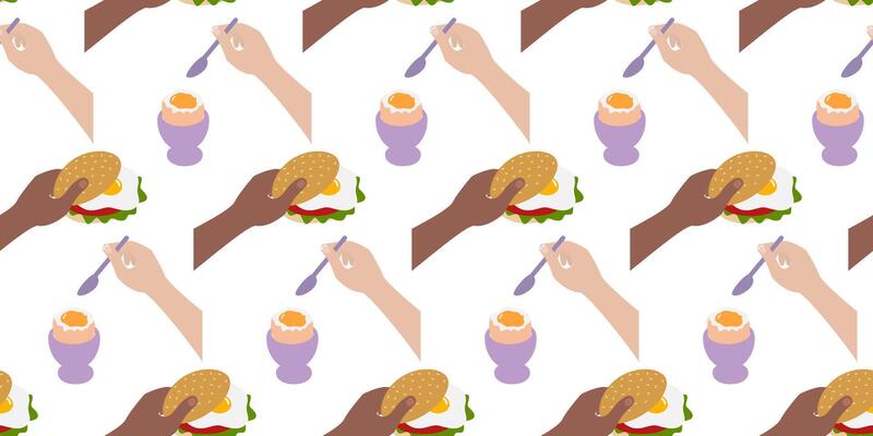Males and Females Hands Different Nationalities Soft Boiled Egg and Eggs Sandwich Seamless Pattern. Isolated illustration Themes Cards Background Invites or promo banner, leaflets, label, price
