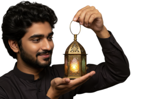 A man holding a lantern with a gold design png