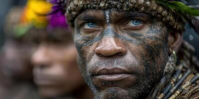 A captivating portrait of a tribal man with striking blue eyes and traditional face paint. photo